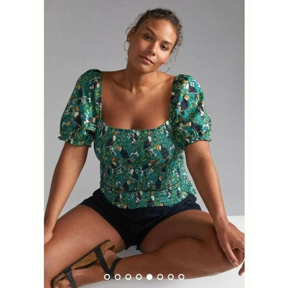 Dolan x Anthropologie M Green Left Coast Smocked Puff Sleeved Top Tropical Bird - Picture 6 of 15
